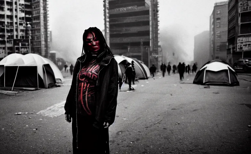 Image similar to Cinestill 50d candid photography of a city on fire, extreme wide shot of a poor techwear mixed woman wearing thick mascara and makeup crying outside of a futuristic city on fire, cyberpunk, tattoos, homeless tents on the side of the road, extreme long shot, desaturated, full shot, blurry, 4k, 8k, hd, full color