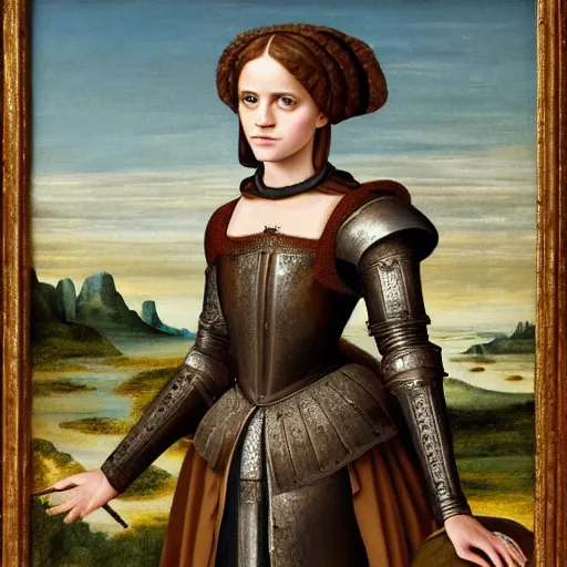 Prompt: a highly detailed renaissance painting of emma watson wearing knight armour, 4 k, victorian era, illustration