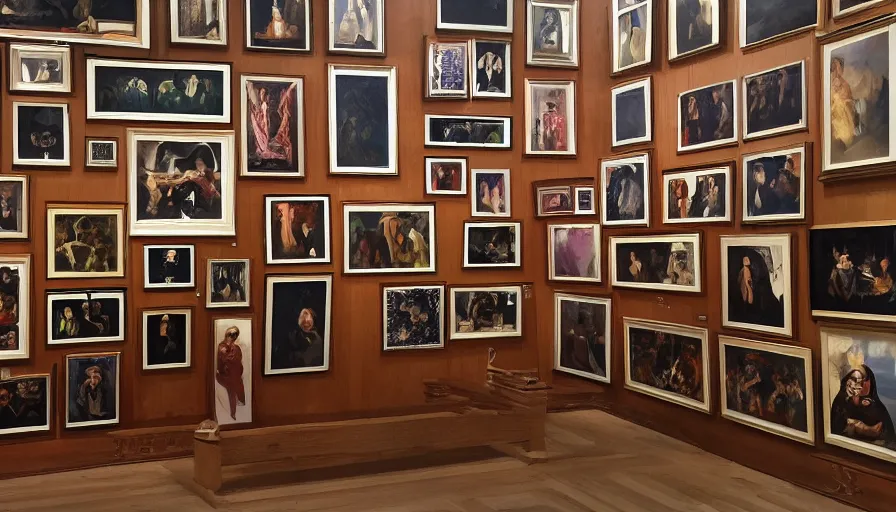 Prompt: a wall full of portrait paintings of good behaving demons, claustrophobic, museum