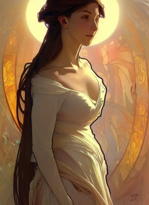 Image similar to digital character concept art by artgerm and greg rutkowski and alphonse mucha. clear portrait taken in 2 0 2 2 of a young wife blessed by god to uncontrollably become overwhelmingly perfect!! blonde, clothed! obviously feminine holy body!! light effect. hyper detailed, glowing lights!! intricate, elegant, digital painting, artstation, smooth, sharp focus