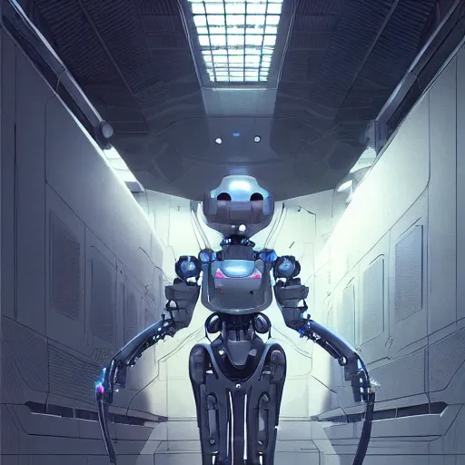 Prompt: detailed character concept art portrait of a detailed and hi - tech robot in an empty chamber, artstation, award - winning realistic sci - fi concept art by greg rutkowski and yoshitaka amano, in the style of moebius, flat surrealist artwork.