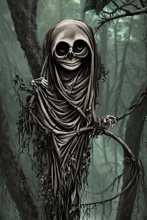 Prompt: Sad lonely skull faced Death wearing black cloak in the jungle. In the tree big eyed tarsier watching, death is wearing cloak made of smoke and ashes, death is partly draped with bones, death is split in two with smoke, fantasy, intricate, elegant, highly detailed, digital painting, artstation, woamn is curved, concept art, smooth, sharp focus, illustration, art by Ilja Repin