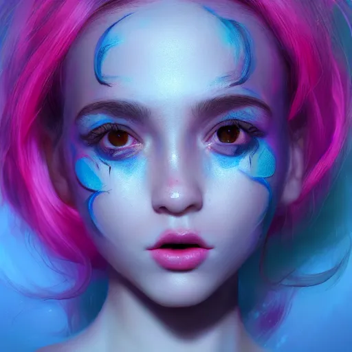 Prompt: Portrait of beautiful girl with luscious full pouty lips, huggy wuggy from poppy playtime video game, neon face paint, button nose, adorable, striking eyes, fullbody, ultra high detailed, oil painting, Greg Rutkowski, Charlie Bowater, Yuumei, Yanjun Cheng, unreal 5, DAZ, hyperrealistic, octane render, RPG portrait, dynamic lighting, fantasy art, beautiful face