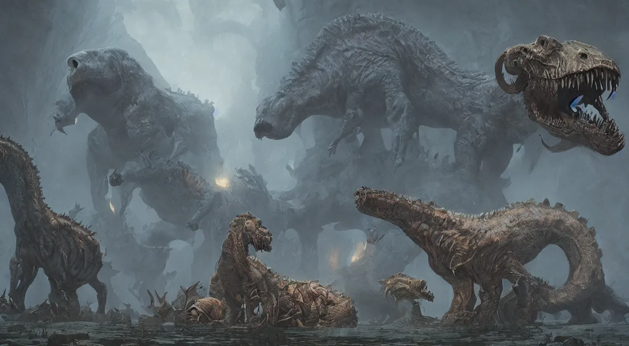 Image similar to indistinct glowing prehistoric beasts surrounded by slate grey walls, insane details, dramatic lighting, unreal engine 5, concept art, greg rutkowski, james gurney, johannes voss, hasui kawase.