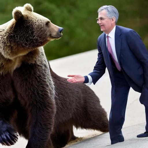 Prompt: Jerome Powell talking to a bear