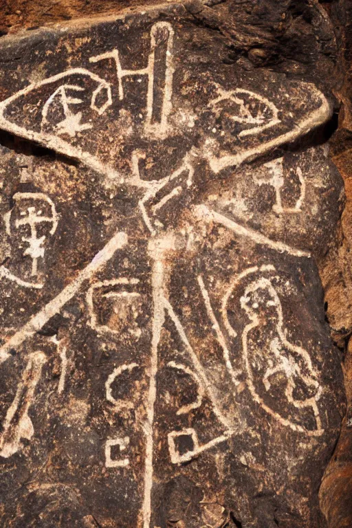 Image similar to 4 k photography of petroglyphs representing crosses, sauwastica, wifi symbol on a cave