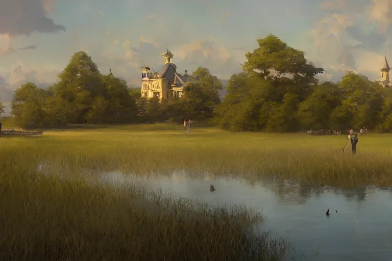 Prompt: an ornate victorian palace, big lake, scene in an open field. 1 8 9 0, key visual, conceptart, ambient lighting, highly detailed, digital painting, artstation, concept art, sharp focus, by makoto shinkai and akihiko yoshida and greg manchess