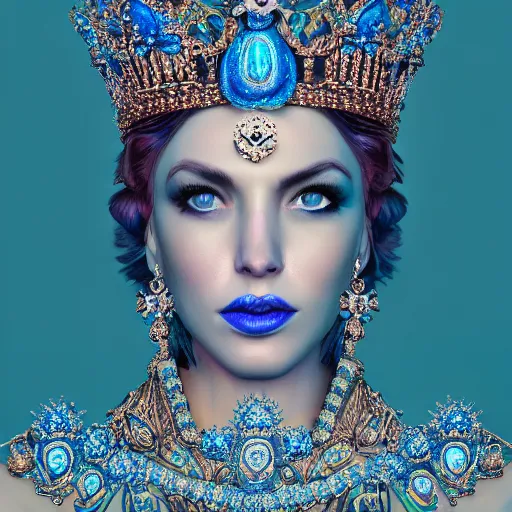 Prompt: portrait of pretty queen of avocado, glowing, ornate and intricate blue jewelry, jaw dropping beauty, glowing background lighting, white accent lighting, hyper detailed, 4 k octane render