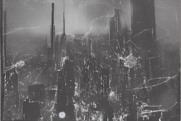 Image similar to cyberpunk 1 8 8 8 flocken elektrowagen by paul lehr, jesper esjing, metropolis, view over city, vintage film photo, damaged photo, scratched photo, scanned in, old photobook, silent movie, black and white photo