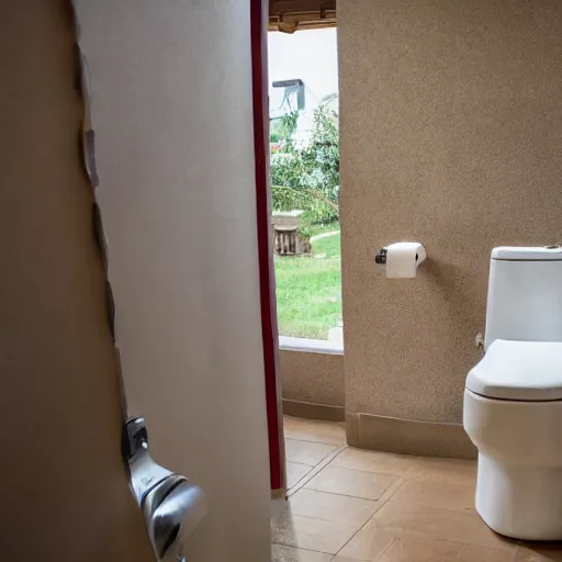 Prompt: looking out of a toilet at a man waving goodbye, photo