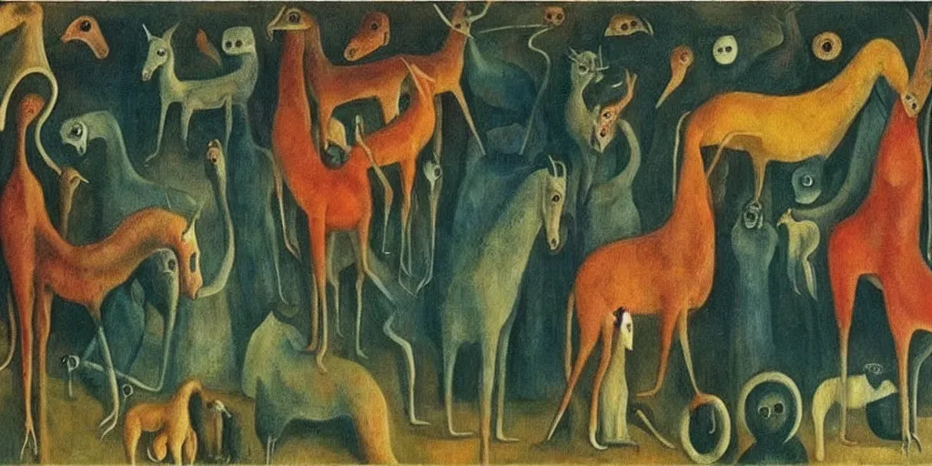 Prompt: disease decimating a global population, animals ruling the world, beautiful painting by leonora carrington