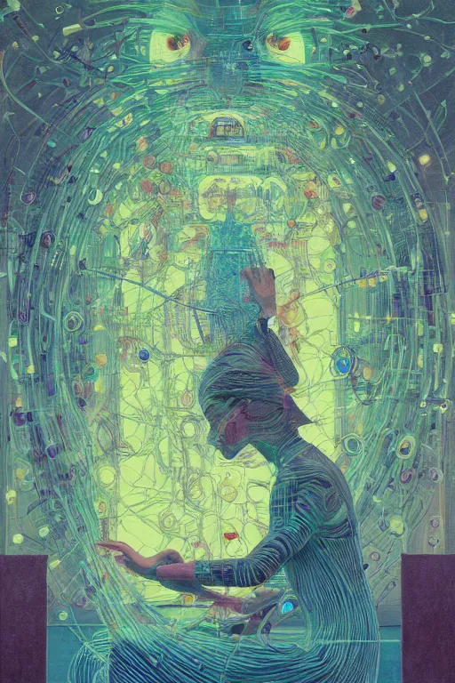 Image similar to portrait of an engineer woman programming the samsara holy cluster, fine portrait, concept art, stunning, visionary, hyper realistic, detailed, by brecht evens, by jean delville, by francis bacon, by victo ngai