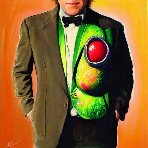 Image similar to elton john lennon wearing avocado clothes, oil painting, ultradetailed, artstation, ultradetailed