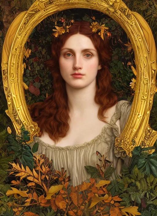 Prompt: masterpiece beautiful seductive flowing curves preraphaelite face portrait amongst leaves, extreme close up shot, straight bangs, thick set features, yellow ochre ornate medieval dress, horns, amongst foliage mushroom forest arch framed with plants, gold gilded circle halo, kilian eng and frederic leighton and rosetti, 4 k