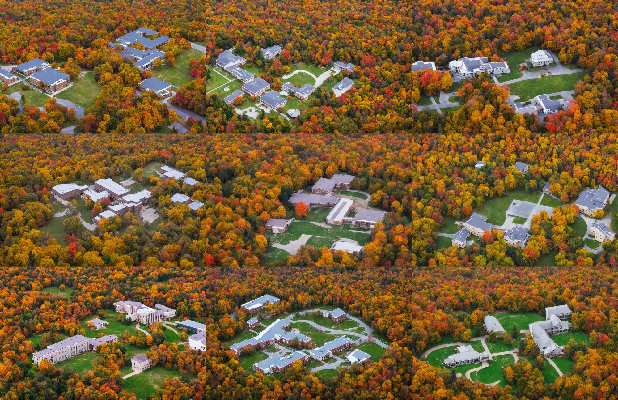 Prompt: low angle drone shot of a beautiful ranch style School campus in the middle of the Woods during autumn