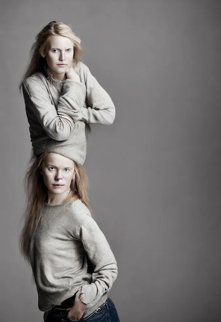 Prompt: portrait of a beautiful young scandinavian woman. casual clothing. studio photo by annie leibovitz.