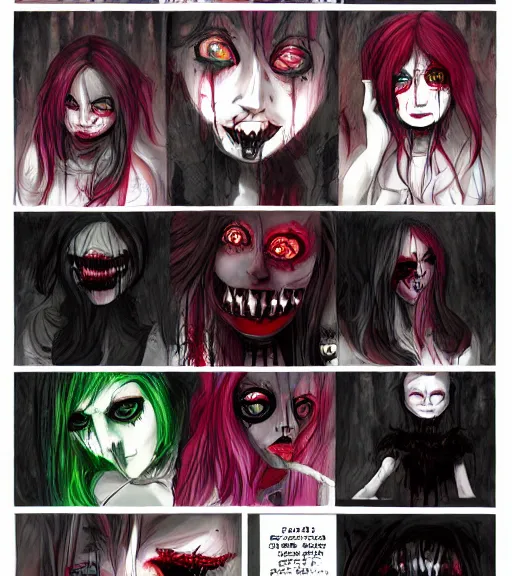 Image similar to horror acid colors, a dark picture comic featuring blood horror and goth anime girls, anime vampires, evil horror vibes