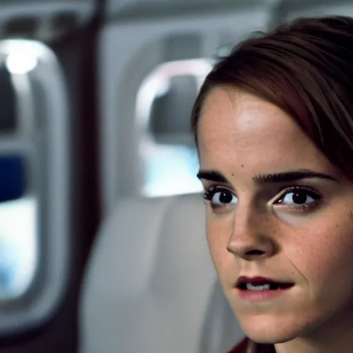 Image similar to emma watson, inside airplane, film still, low contrast,