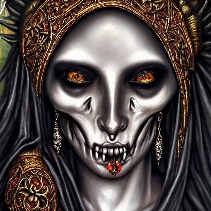 Prompt: close up portrait, goddess of death, by anne stokes, photorealism, highly detailed