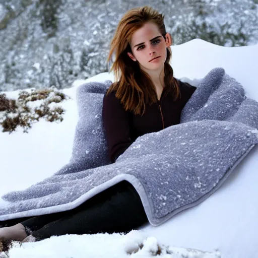 Prompt: emma watson laying in snowdrift, clutching blanky