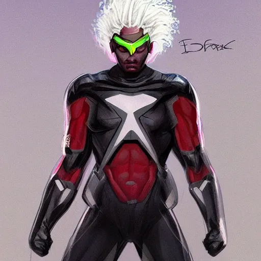 Prompt: a dark skinned, electricity themed superhero with white hair and red eyes. Drawn by Geoffroy Thoorens. Raphael Lacoste. Kuvshinov ilya