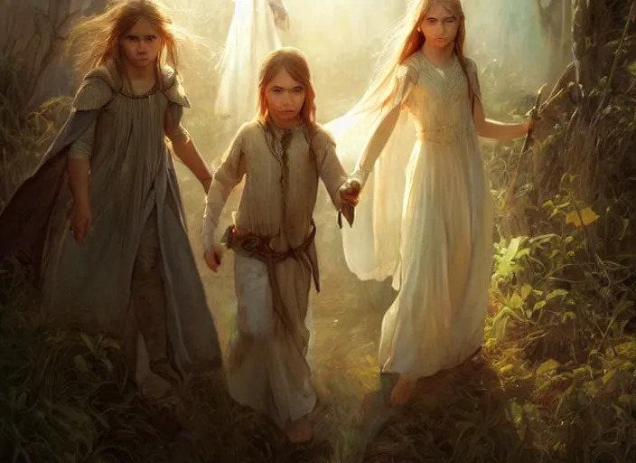 Image similar to a dramatic highly detailed render of the kids of Galadriel and Uruk-hai, Middle-earth , by WLOP and Artgerm and Greg Rutkowski and Alphonse Mucha, Beautiful dynamic dramatic dark moody lighting, shadows, cinematic atmosphere, Artstation, Octane render, 8K, masterpiece, sharp focus, hyperrealistic, photograph