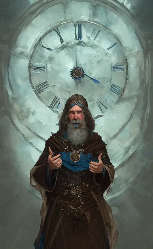 Image similar to portrait of a middle aged elf with a long beard, dressed in a blue cloak with clock iconography, brown hair, raised hand, detailed face, fantasy, highly detailed, cinematic lighting, digital art painting by greg rutkowski