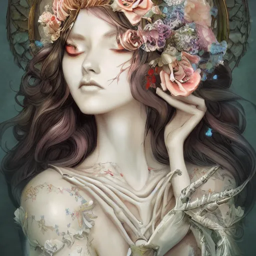 Prompt: stunning anime goddess hybrid part skeleton of the floral river flowers, kissing her king in a dark romance, misty, by cgsociety, in the style of charlie bowater, tom bagshaw, intricate, beautiful, artstation 8 k, high resolution