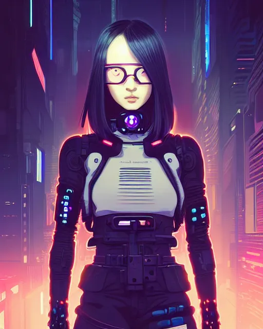 Image similar to a comic potrait of a cyberpunk cyborg girl with big and cute eyes, fine - face, realistic shaded perfect face, fine details. night setting. very anime style. realistic shaded lighting poster by ilya kuvshinov katsuhiro, magali villeneuve, artgerm, jeremy lipkin and michael garmash, rob rey and kentaro miura style, trending on art station