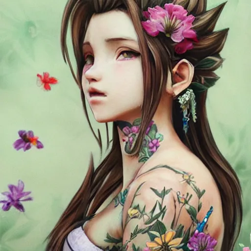 Image similar to concept art of aerith gainsborough with tattoos, amongst flowers, high quality, detailed, trending on artstartion