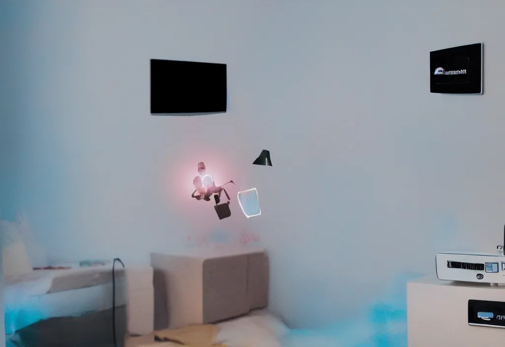 Prompt: 3 dtv dragon popping out of tv, volumetric lighting, bedroom, visor, users, pair of keycards on table, bokeh, creterion collection, shot on 7 0 mm, instax