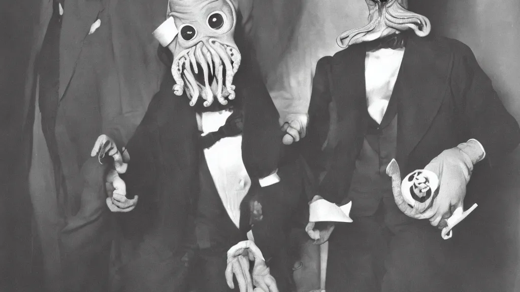 Prompt: a vintage color photograph of anthropomorphic cthulhu in a tuxedo at a fundraising in the white