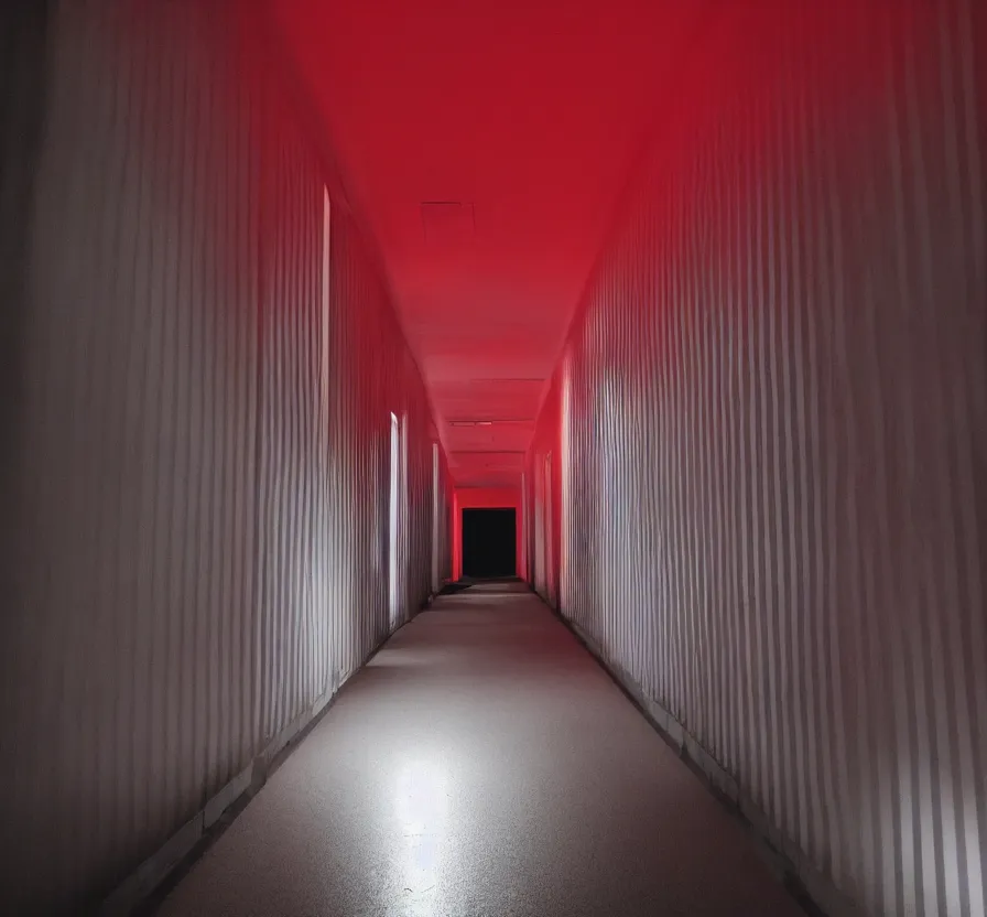 Image similar to spooky photo of a dark infinite hallway with open lit doorways all the way down, dramatic lighting, smoke, ceiling fluorescent lighting, black and red colour palette