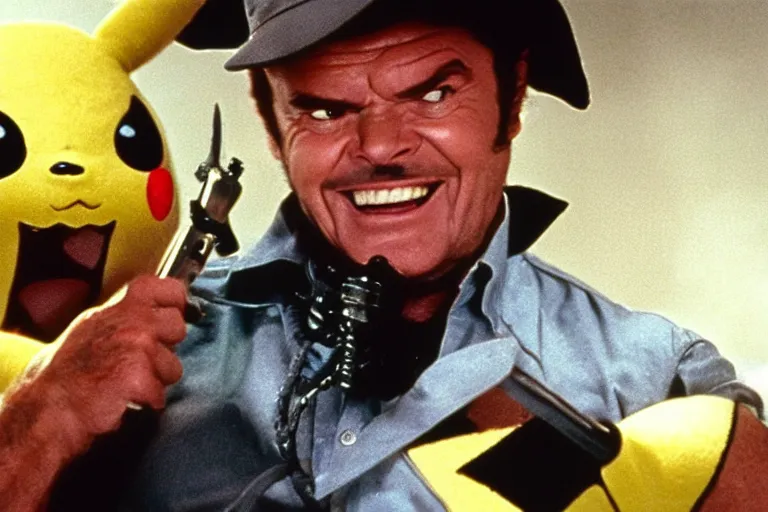 Image similar to Jack Nicholson plays Pikachu Terminator, action scene where his endoskeleton gets exposed and his eye glows red, still from the film