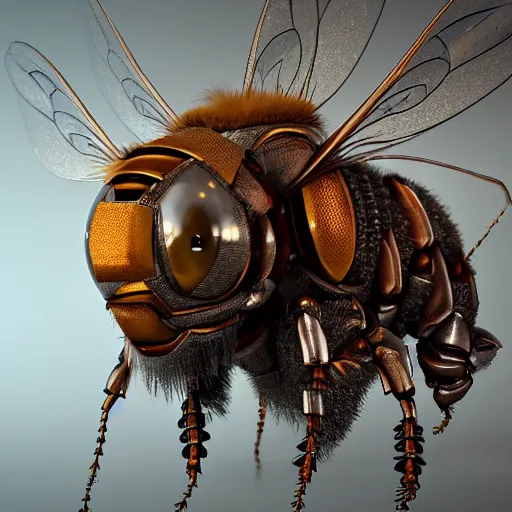 Image similar to A crisp 3d render of a robot Bee made of circuits wide view shot by ellen jewett , tomasz alen kopera and Justin Gerard symmetrical features, ominous, magical realism, texture, intricate, ornate, royally decorated, body format,windows, many doors, roofs, complete house , whirling smoke, embers, red adornements, red torn fabric, radiant colors, fantasy, trending on artstation, volumetric lighting, micro details, 3d sculpture, ray tracing, 8k