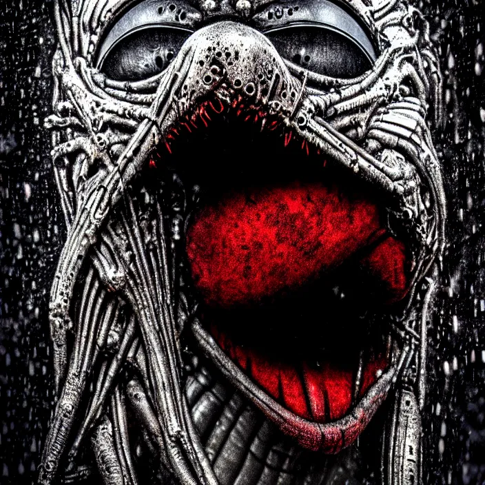 Image similar to elmo in the style of h. r. giger, raining, 8 k, hdr, smooth, sharp focus, high resolution, award - winning photo, trending on artstation, dslr, 5 0 mm