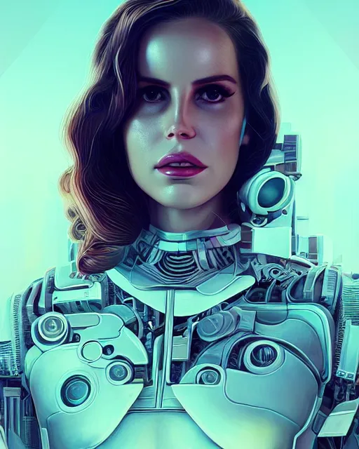 Image similar to portrait of lana del rey as a cyborg. intricate abstract. intricate artwork, by tooth wu, wlop, beeple, dan mumford. concept art, octane render, trending on artstation, greg rutkowski very coherent symmetrical artwork. cinematic, key art, hyper realism, high detail, octane render, 8 k, iridescent accents