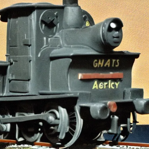 Image similar to german world war two artillery train with thomas the tank engine's face, old worn photograph