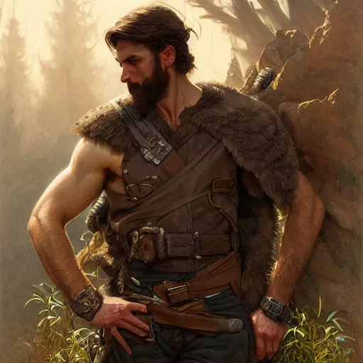 Image similar to Rugged ranger tending to his wounds, masculine, male, D&D, muscular, fantasy, intricate, elegant, highly detailed, digital painting, artstation, concept art, smooth, sharp focus, illustration, art by artgerm and greg rutkowski and alphonse mucha