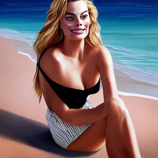 Image similar to a portrait of margot robbie holding a coctail on the beach, beautiful face, highly detailed, digital art