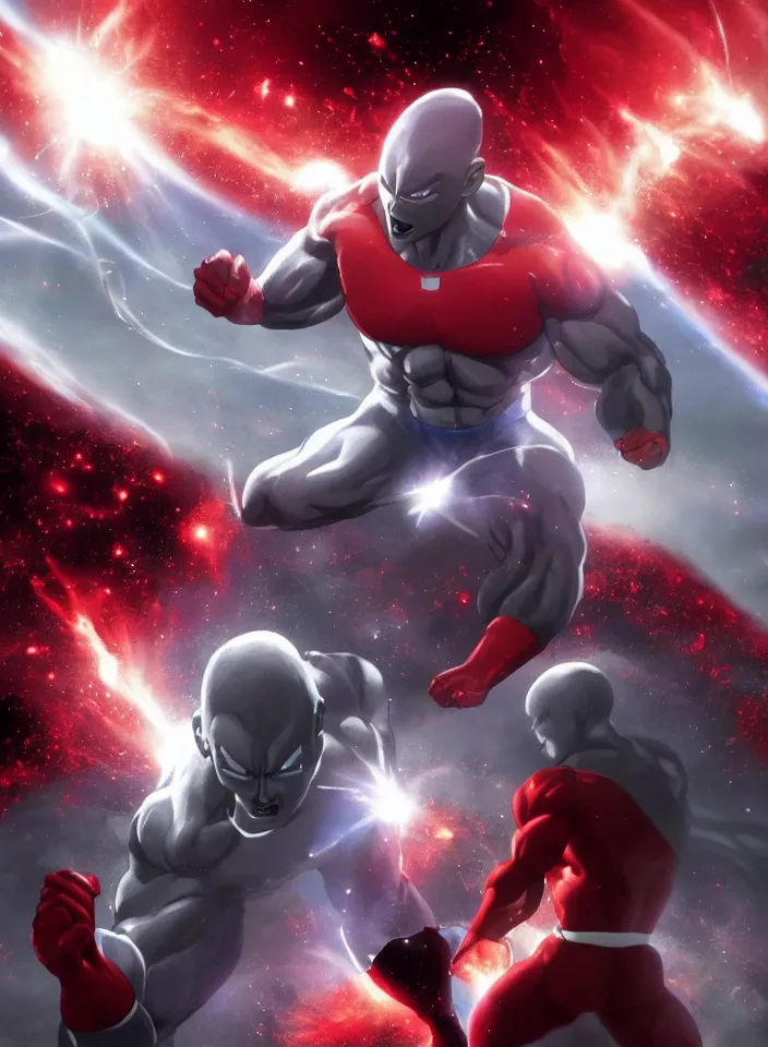 Prompt: hyper-realistic jiren the grey wearing red power ranger suit + superman suit | powerful attack, full body aura, ultra instinct, chakra | space, asteroids, stars, sun, floating rocks | drawn by Alan davis & richard corben & glenn fabry | highly detailed, cinematic poster, 4k HD wallpaper, epic scene, zbrush, octane render, rim lighting