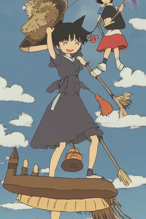 Image similar to Kiki's Delivery Service,A girl on a broomstick flying over the city sky at afternoon ,Medieval Cities ,Eye-catching blue accents,by studio ghibli