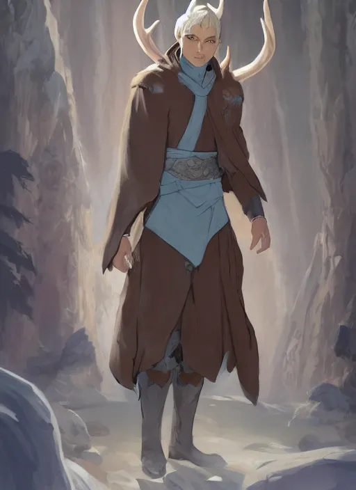 Image similar to concept art painting of a fully clothed person with brown skin and short white hair, demon horns, deer ears, blue tunic and robes, detailed, d & d style, cel shaded, in the style of ruan jia and artgerm and makoto shinkai and james gurney