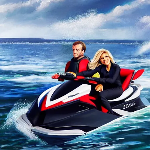 Prompt: photography, emmanuel macron driving a jetski, next to brigitte macron swimming, ultra realistic, concept art, intricate details, highly detailed, photorealistic