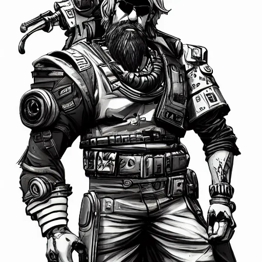 Image similar to concept art character, very high angle view, book cover, very attractive man with beard, walking in cyberpunk valley highly detailed full body, strong masculine features, sturdy body, command presence, royalty, smooth, sharp focus, organic, appealing, book cover, deep shadows, borderlands 3 style, extremely fine inking lines