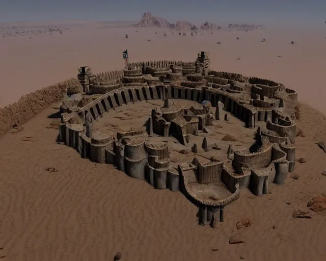 Image similar to the stongest fortress in the world stands in the middle of desert town, a lot of small details, small flags around, magic and sci - fi details, artstation trendings, epic