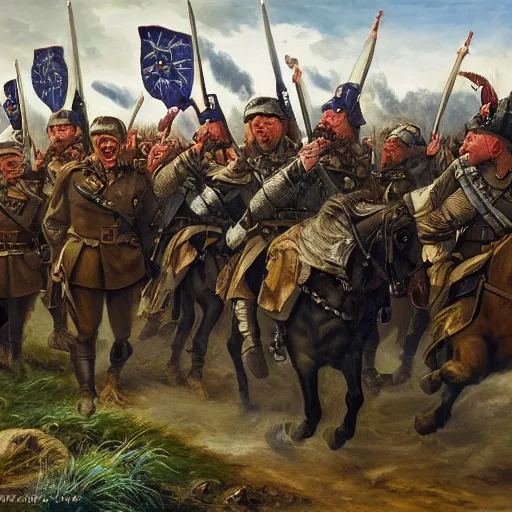 Image similar to found footage of general boris johnson leading his men into battle, glorified image, 8k, oil painting , silly mustache