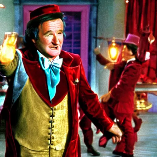 Image similar to stunning awe inspiring robin williams as willy wonka, movie still 8 k hdr atmospheric lighting