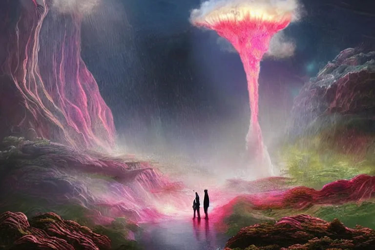 Image similar to Celestial majestic luxurios futuristic other worldly realm with Singaporean royal gold lush volcano erupting, volcano lava, set on Antelope Canyon with white thermal waters flowing down pink travertine terraces and lava overflowing, relaxing, ethereal and dreamy, thunderstorms and multiversal tornado, visually stunning, from Star Trek 2021, illustration, by WLOP and Ruan Jia and Mandy Jurgens and William-Adolphe Bouguereau, Artgerm