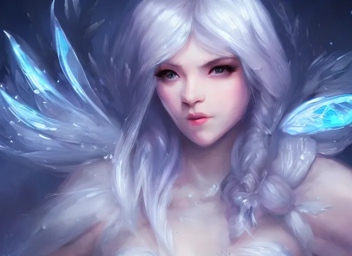 Image similar to portrait of an ice fairy, cute, fantasy, wonderful shading, realistic perfect face, concept art, dynamic pose, digital illustration, trending on artstation, intricate details, epic composition, sharp focus, 8 k uhd, masterpiece, league of legends splash art